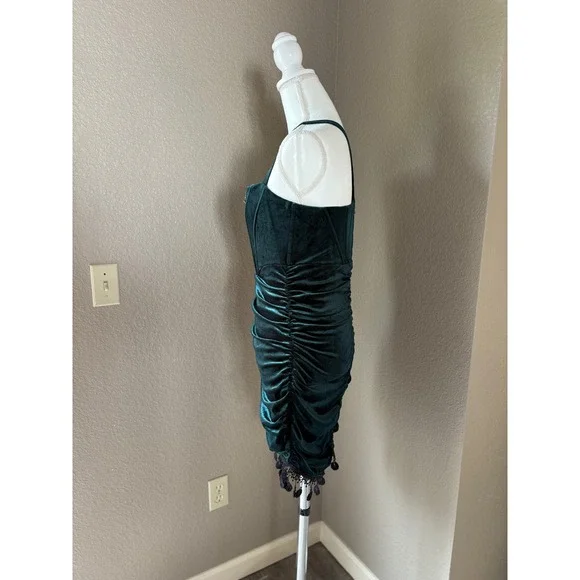 Emerald Green Velvet Star Sequin Ruched Mini Dress Halter Tassel Fringe - Picture 4 of 8